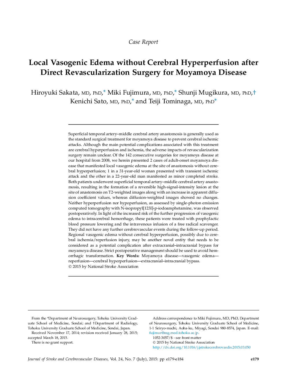 Case ReportLocal Vasogenic Edema without Cerebral Hyperperfusion after Direct Revascularization Surgery for Moyamoya Disease