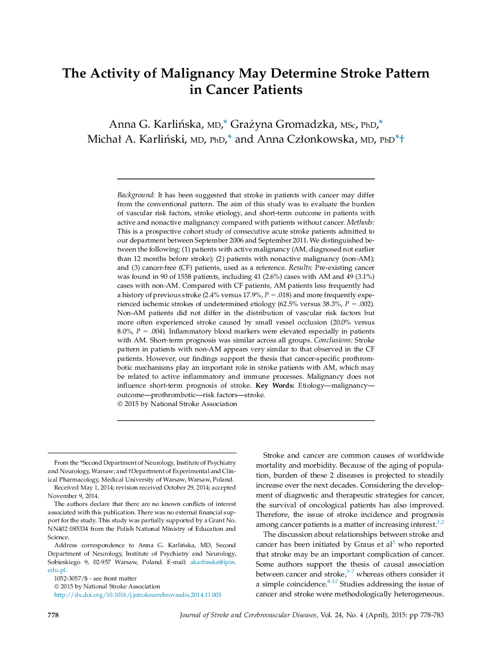 فعالیت بدخیمی ممکن است الگوی سکته مغزی را در بیماران سرطانی تعیین کند 