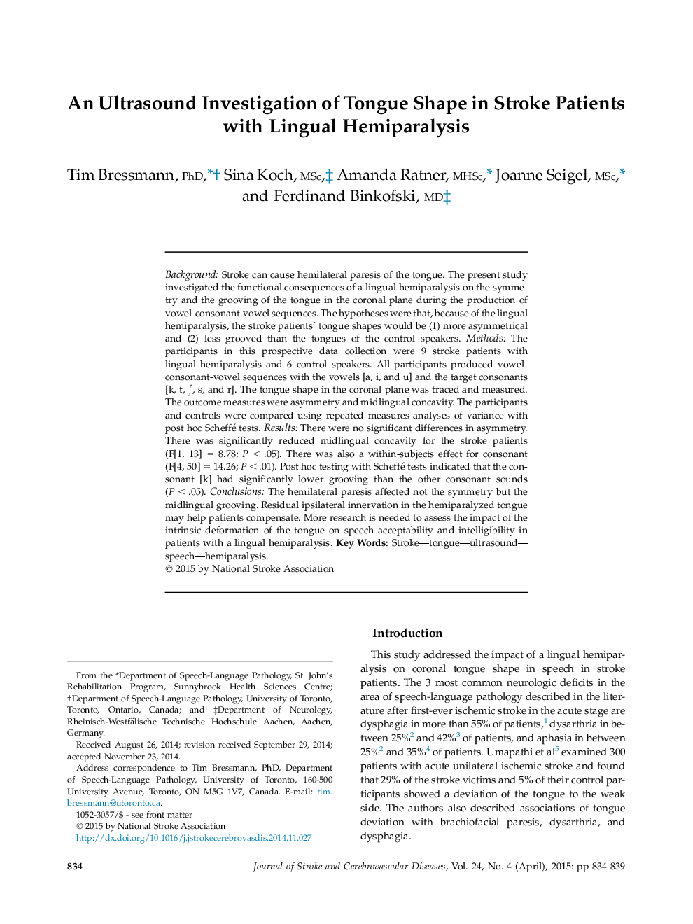 Original ArticleAn Ultrasound Investigation of Tongue Shape in Stroke Patients with Lingual Hemiparalysis