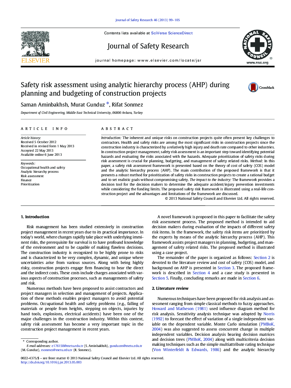 Safety risk assessment using analytic hierarchy process (AHP) during planning and budgeting of construction projects