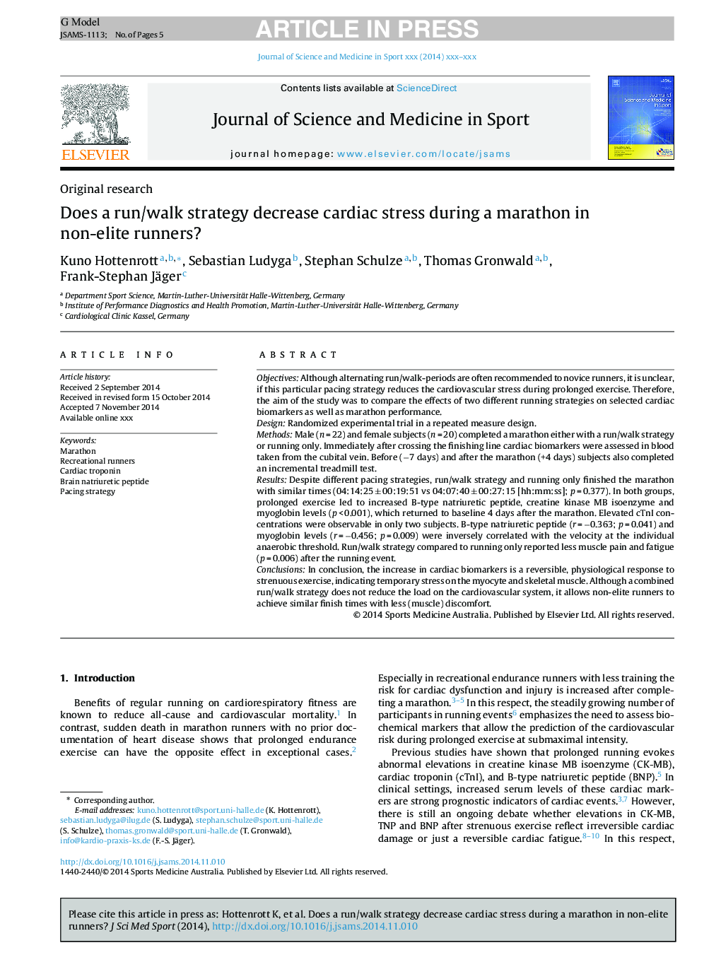 Does a run/walk strategy decrease cardiac stress during a marathon in non-elite runners?