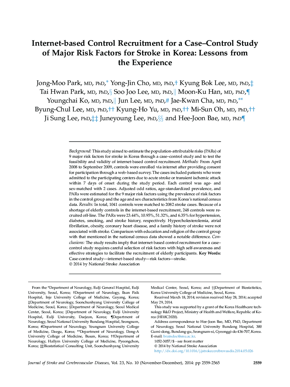 Original ArticleInternet-based Control Recruitment for a Case-Control Study of Major Risk Factors for Stroke in Korea: Lessons from the Experience