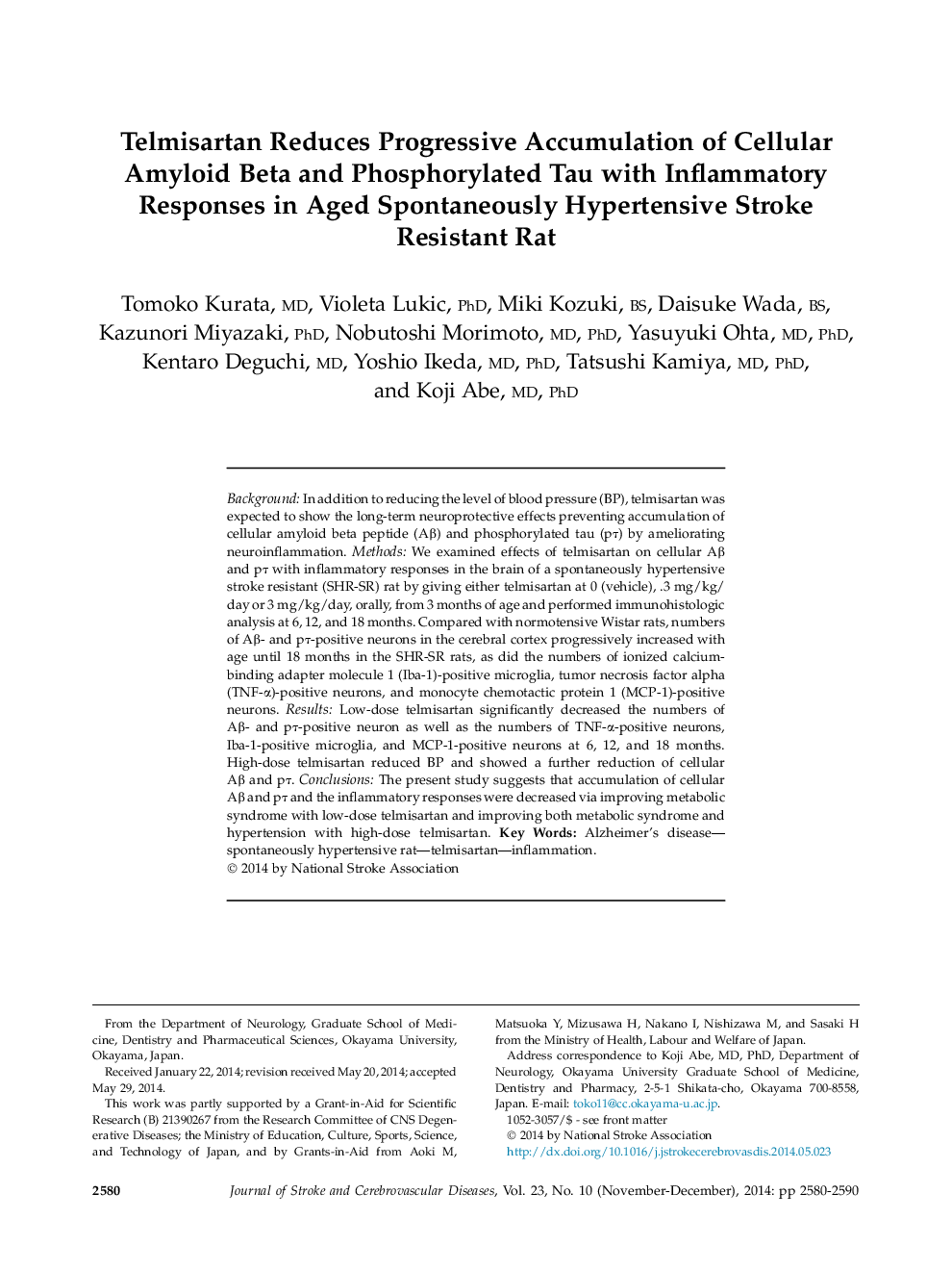 Telmisartan Reduces Progressive Accumulation of Cellular Amyloid Beta and Phosphorylated Tau with Inflammatory Responses in Aged Spontaneously Hypertensive Stroke Resistant Rat