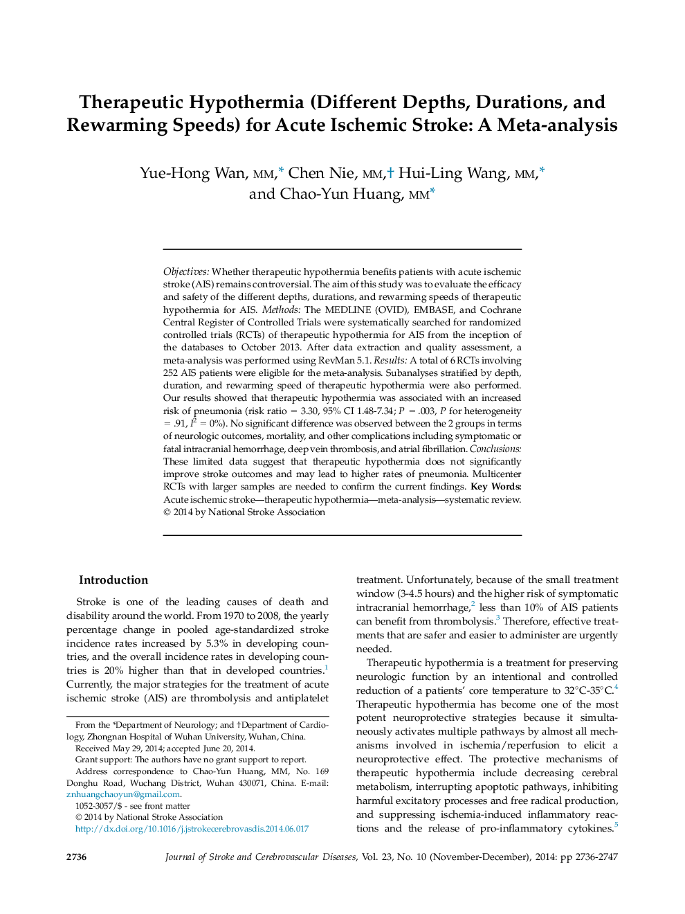 Therapeutic Hypothermia (Different Depths, Durations, and Rewarming Speeds) for Acute Ischemic Stroke: A Meta-analysis