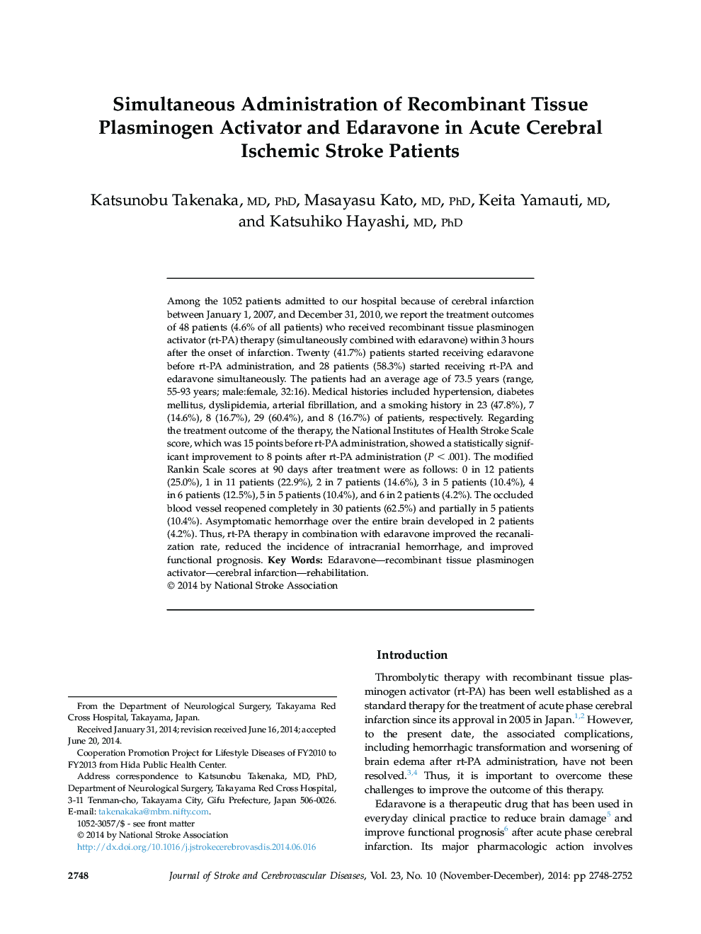 Simultaneous Administration of Recombinant Tissue Plasminogen Activator and Edaravone in Acute Cerebral Ischemic Stroke Patients