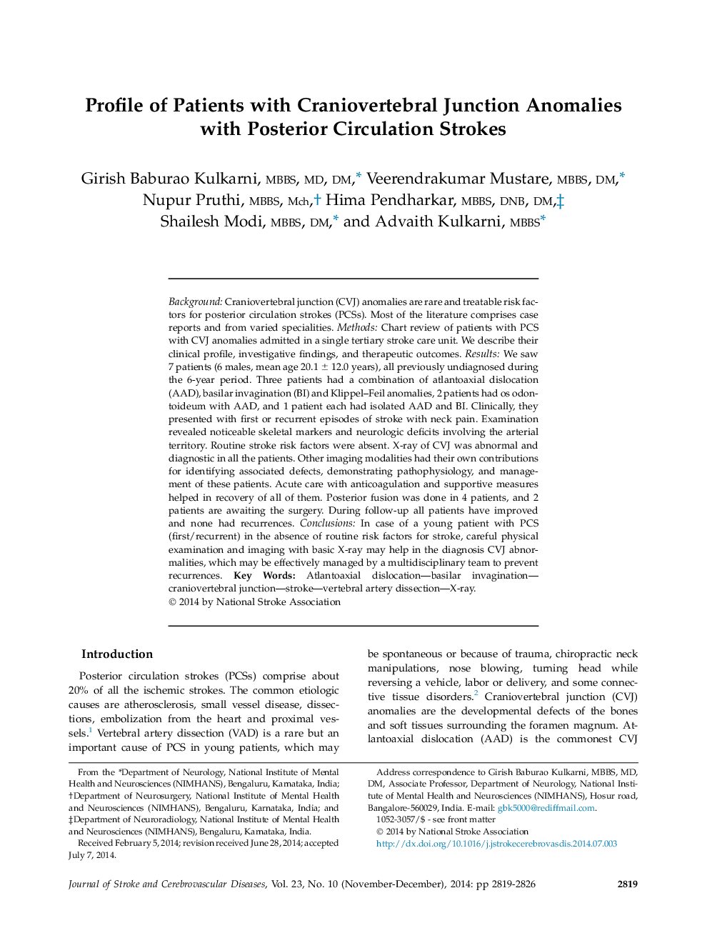 Profile of Patients with Craniovertebral Junction Anomalies with Posterior Circulation Strokes