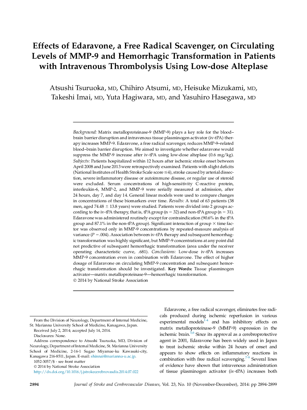 Effects of Edaravone, a Free Radical Scavenger, on Circulating Levels of MMP-9 and Hemorrhagic Transformation in Patients with Intravenous Thrombolysis Using Low-dose Alteplase