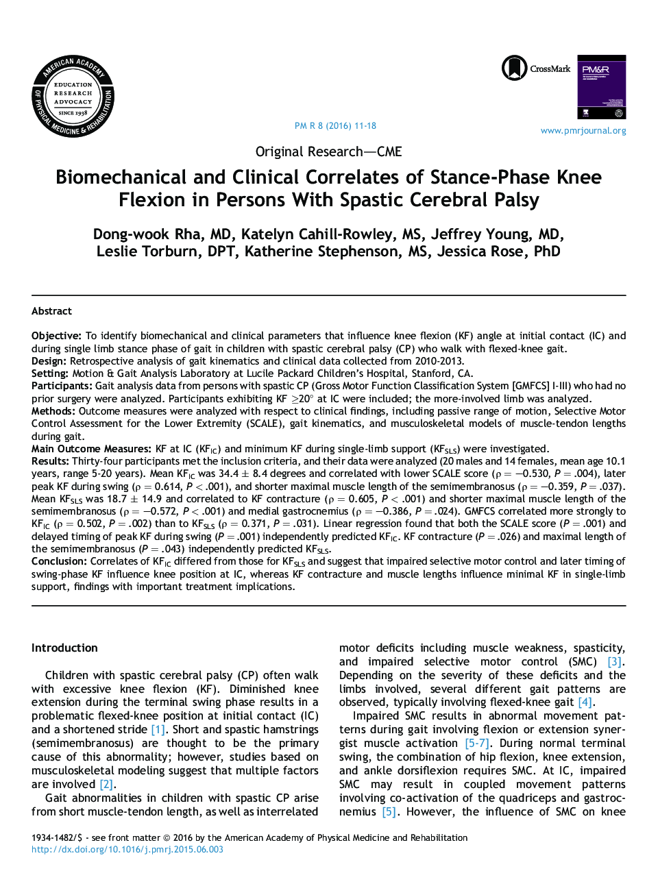 Original Research-CMEBiomechanical and Clinical Correlates of Stance-Phase Knee Flexion in Persons With Spastic Cerebral Palsy