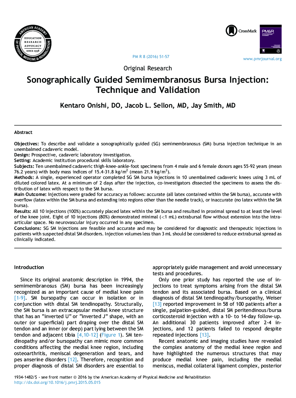 Sonographically Guided Semimembranosus Bursa Injection: Technique and Validation