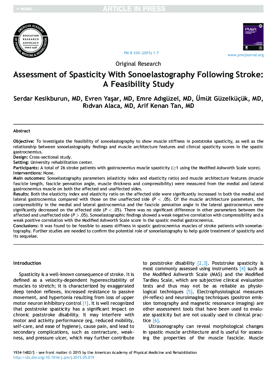 Assessment of Spasticity With Sonoelastography Following Stroke: A Feasibility Study