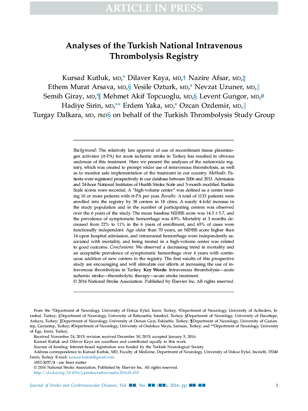 Analyses of the Turkish National Intravenous Thrombolysis Registry