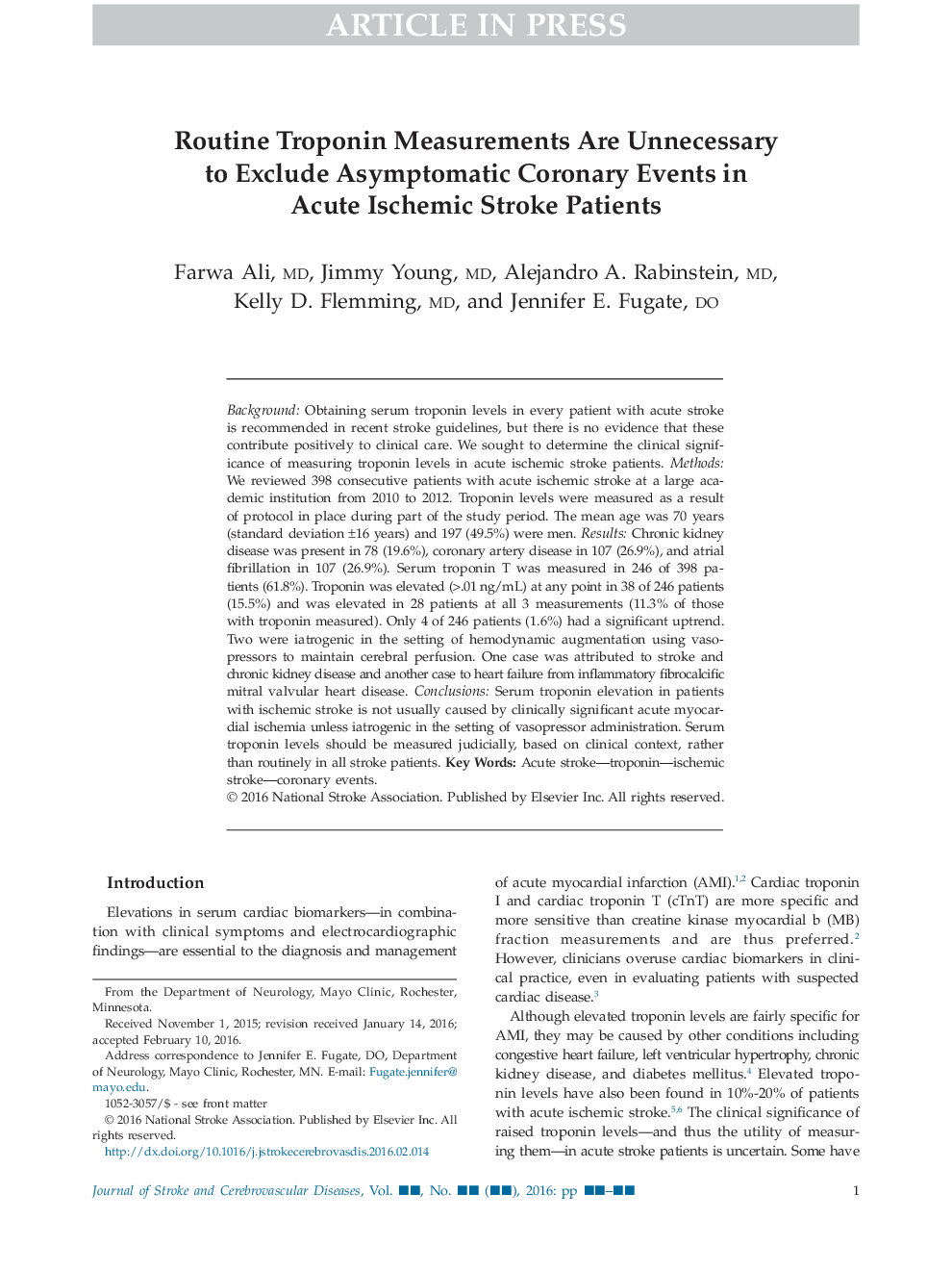 Routine Troponin Measurements Are Unnecessary to Exclude Asymptomatic Coronary Events in Acute Ischemic Stroke Patients