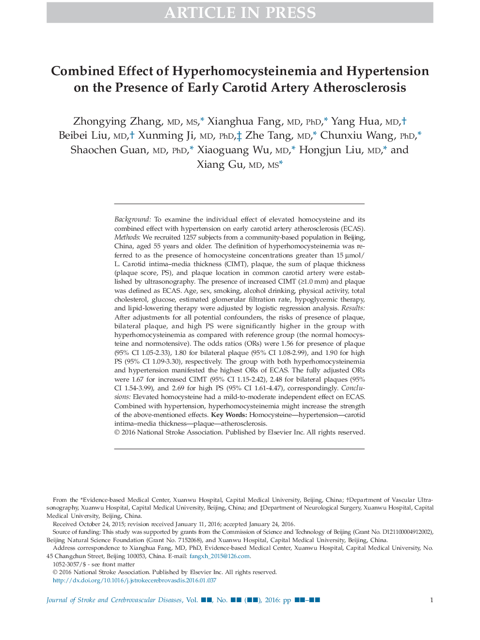 Combined Effect of Hyperhomocysteinemia and Hypertension on the Presence of Early Carotid Artery Atherosclerosis