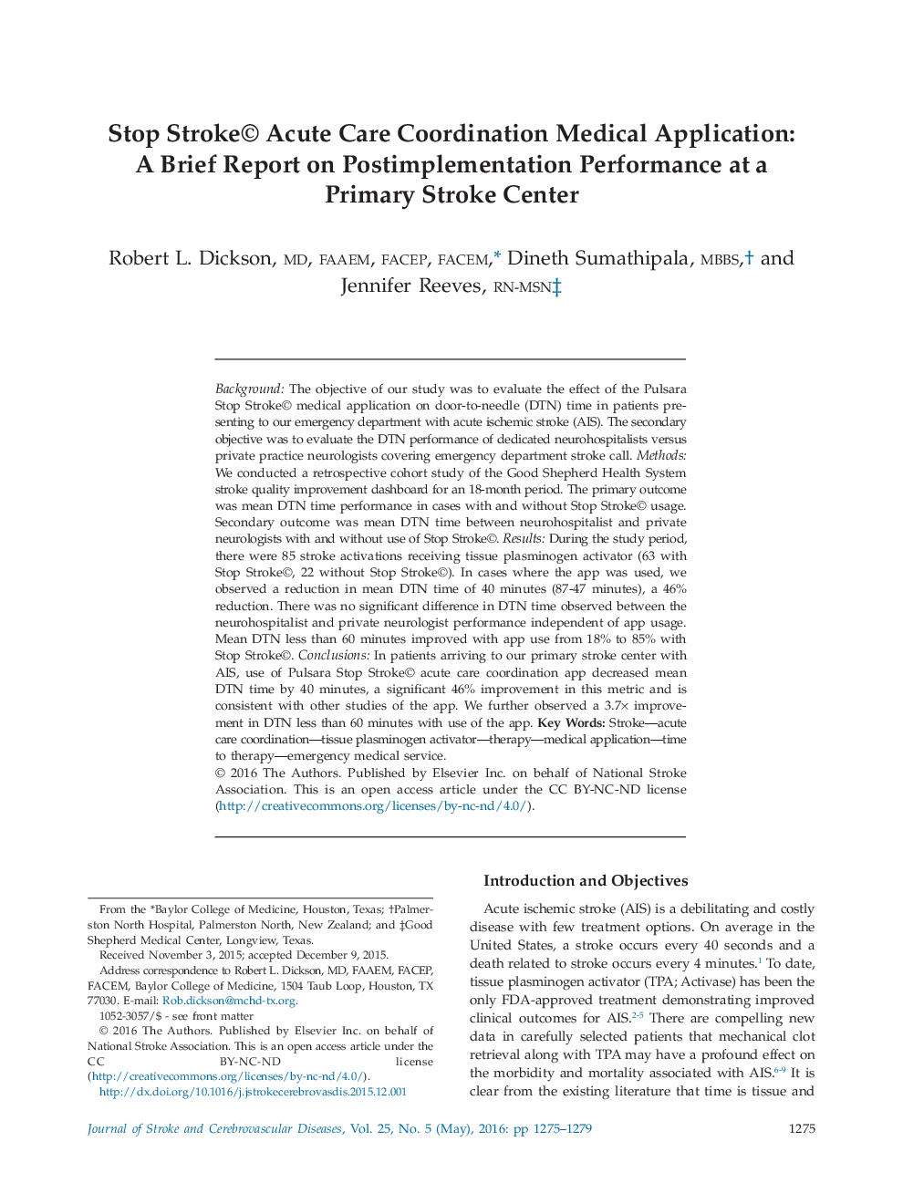 Stop Stroke© Acute Care Coordination Medical Application: A Brief Report on Postimplementation Performance at a Primary Stroke Center