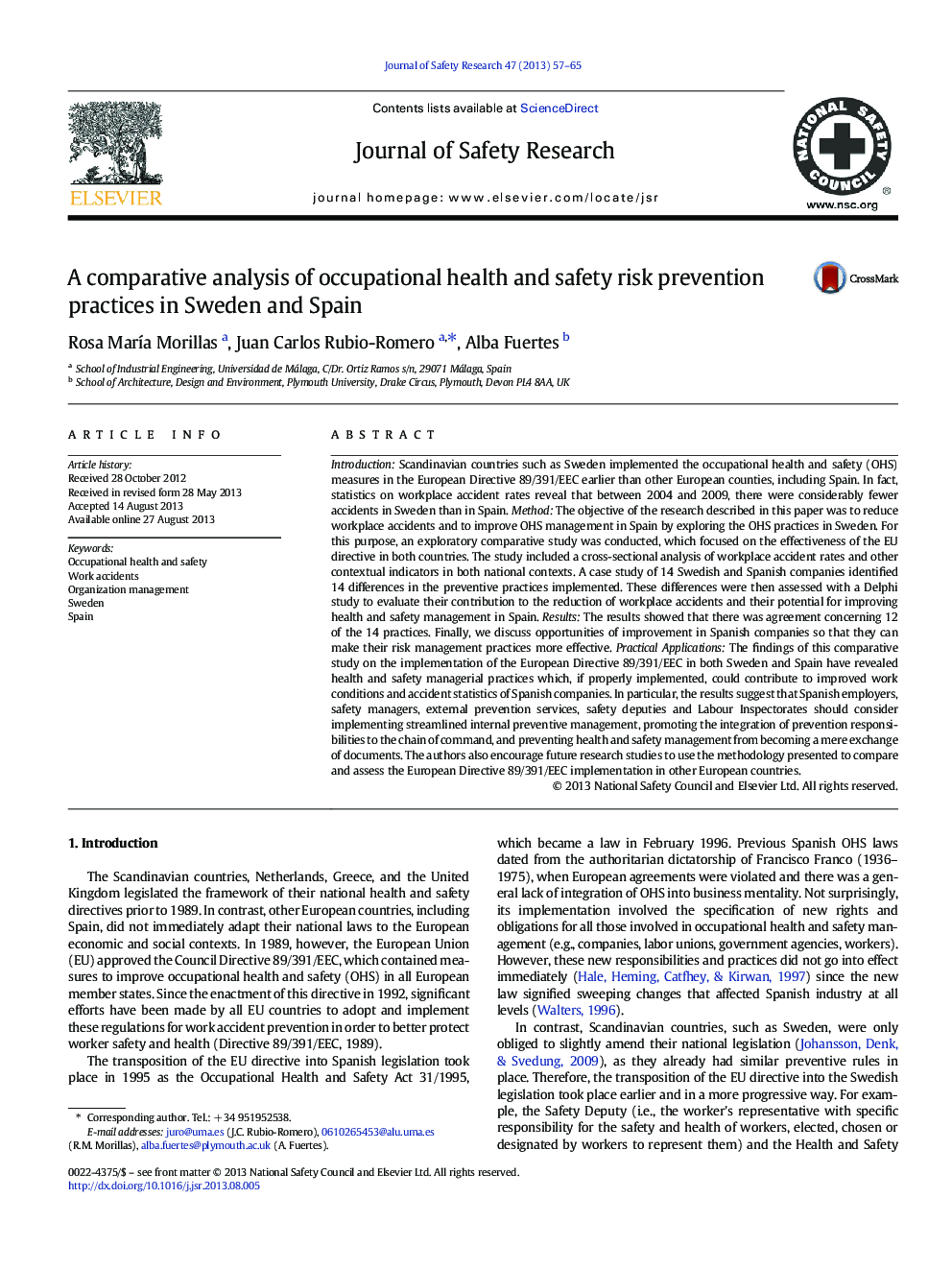 A comparative analysis of occupational health and safety risk prevention practices in Sweden and Spain