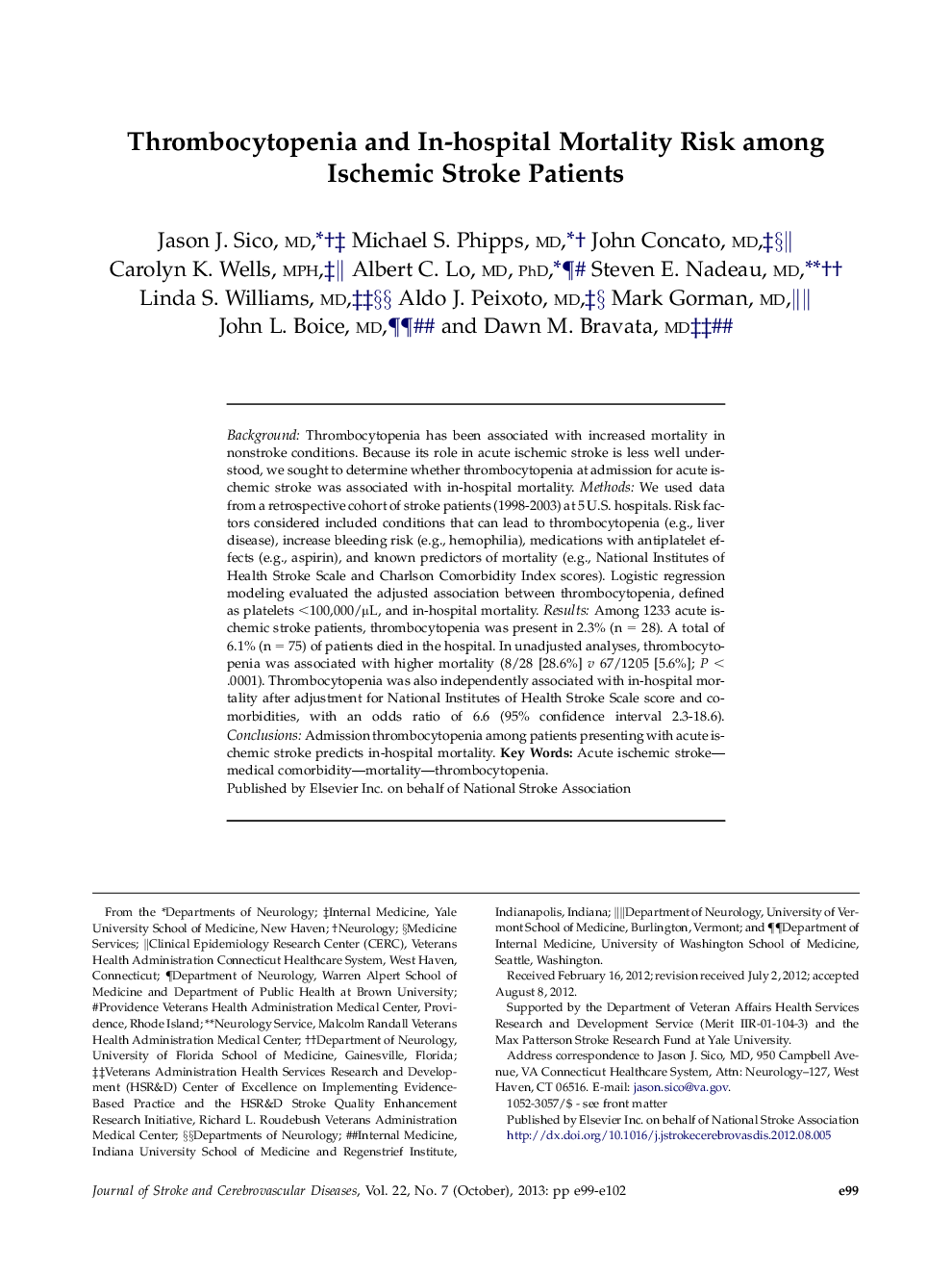 بررسی وضعیت ترومبوسیتوپنی و خطر مرگ در بیمارستان در بین بیماران مبتلا به سکته مغزی ایسکمیک 