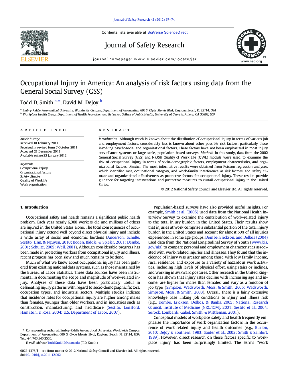 Occupational Injury in America: An analysis of risk factors using data from the General Social Survey (GSS)