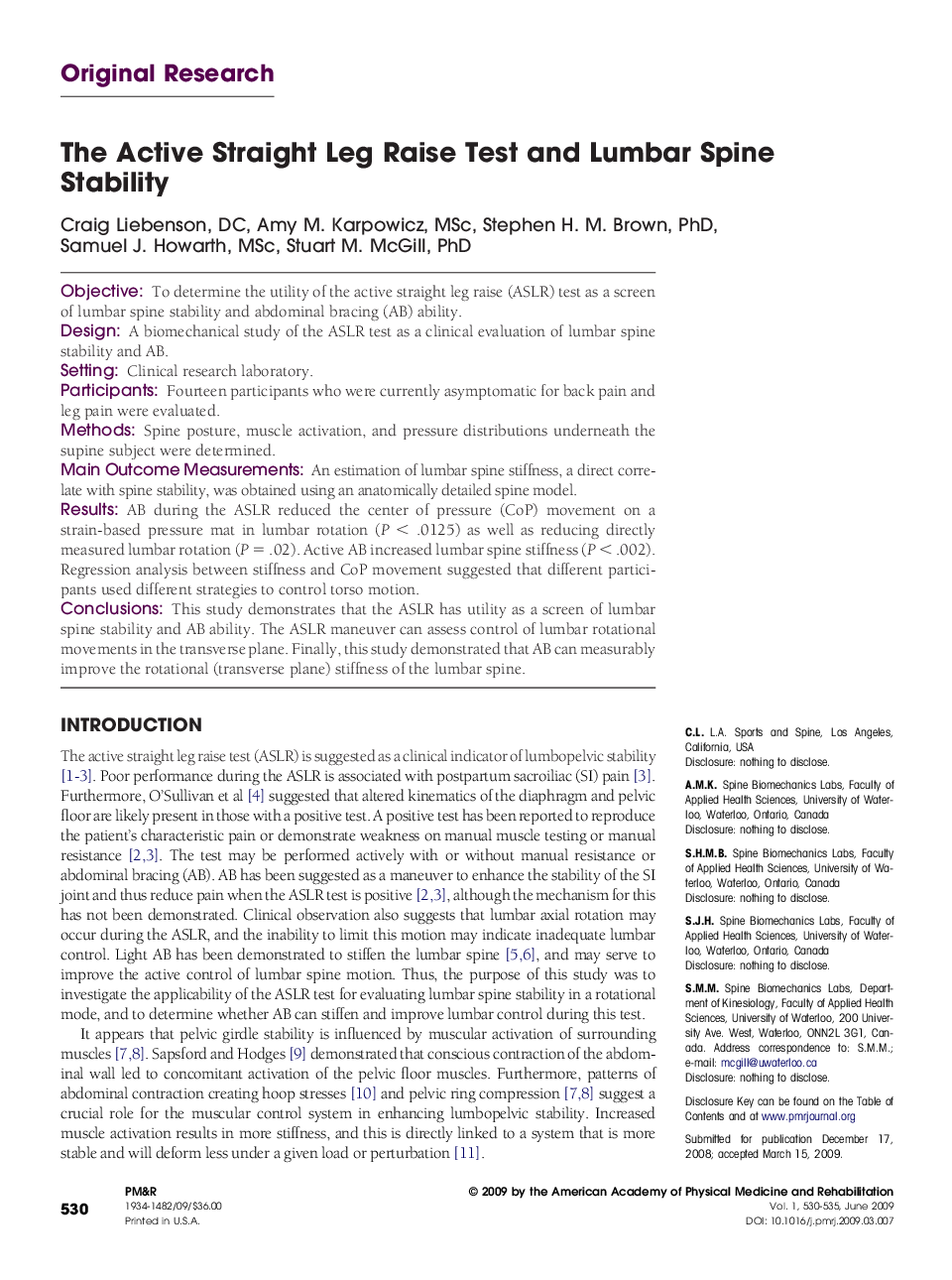 The Active Straight Leg Raise Test and Lumbar Spine Stability