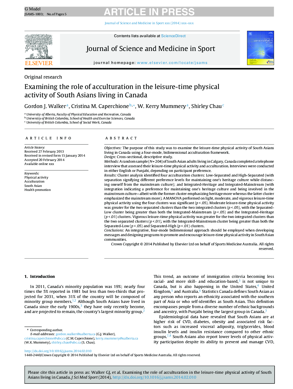 Examining the role of acculturation in the leisure-time physical activity of South Asians living in Canada