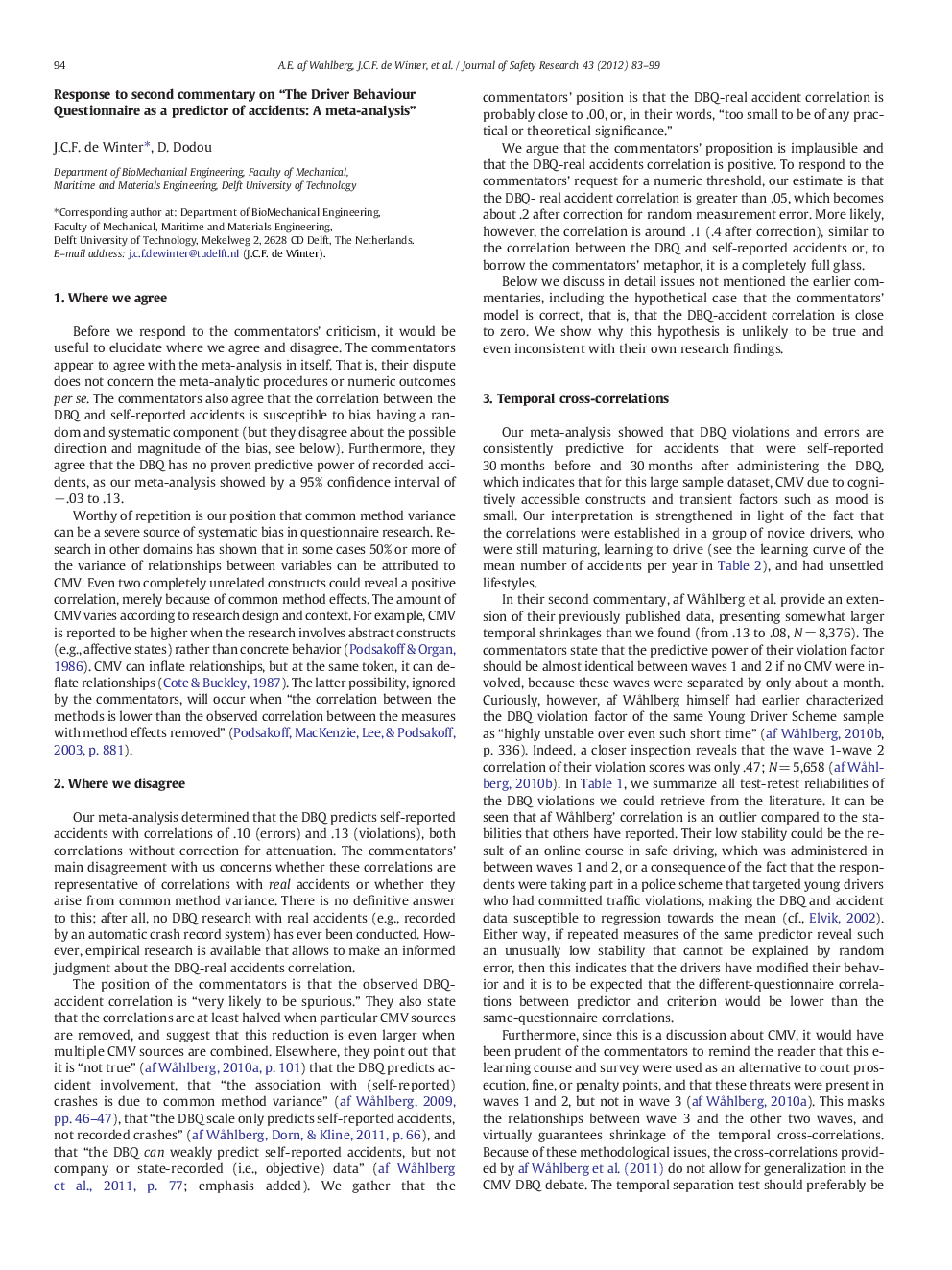 Response to second commentary on “The Driver Behaviour Questionnaire as a predictor of accidents: A meta-analysis”