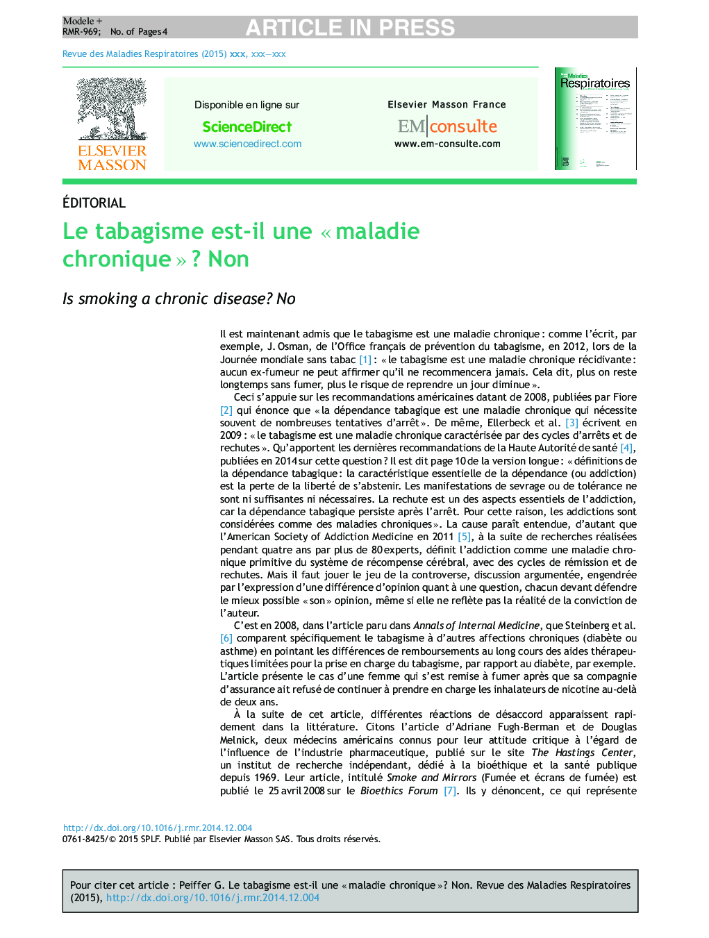 عکس صفحه اول مقاله: Le tabagisme est-il une « maladie chronique » ? Non Le tabagisme est-il une « maladie chronique » ? Non