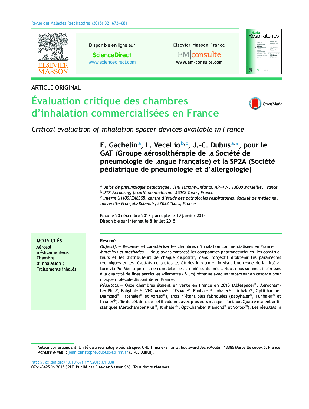 Ãvaluation critique des chambres d'inhalation commercialisées en France