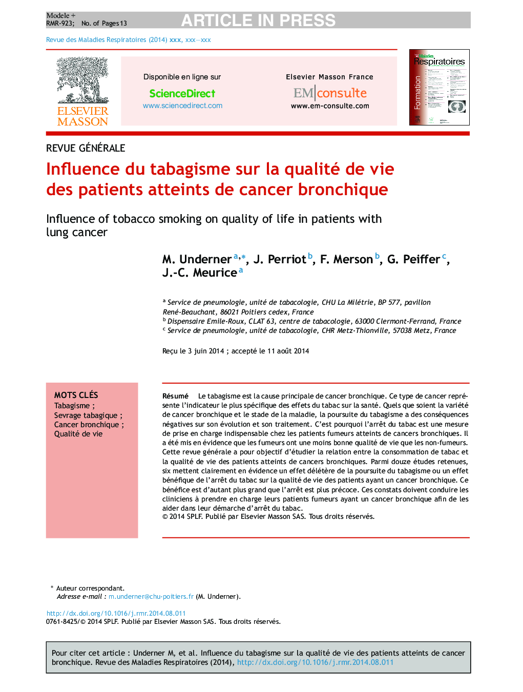 عکس صفحه اول مقاله: Influence du tabagisme sur la qualité de vie des patients atteints de cancer bronchique Influence du tabagisme sur la qualité de vie des patients atteints de cancer bronchique