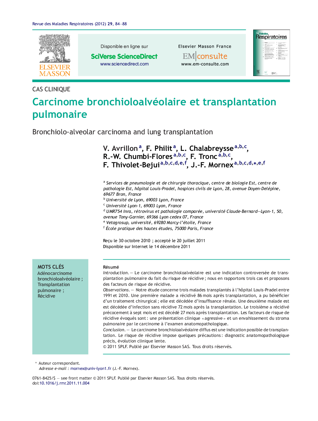 Carcinome bronchioloalvéolaire et transplantation pulmonaire