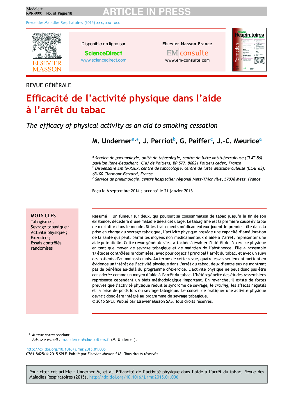 عکس صفحه اول مقاله: Efficacité de l'activité physique dans l'aide à l'arrêt du tabac Efficacité de l'activité physique dans l'aide à l'arrêt du tabac