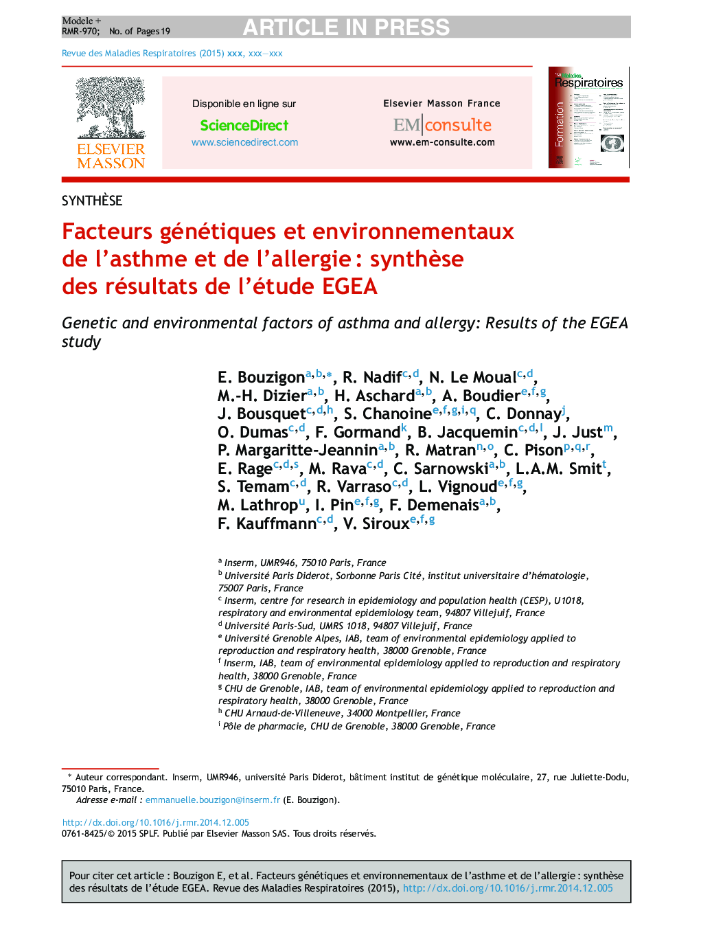 Facteurs génétiques et environnementaux de l'asthme et de l'allergieÂ : synthÃ¨se des résultats de l'étude EGEA