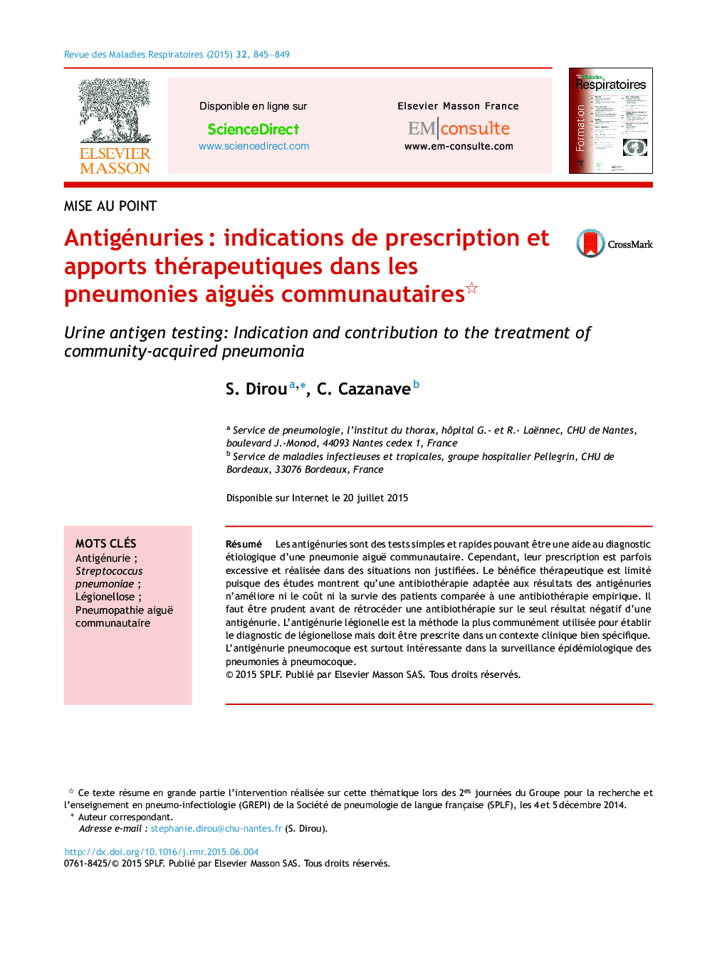 AntigénuriesÂ : indications de prescription et apports thérapeutiques dans les pneumonies aiguës communautaires