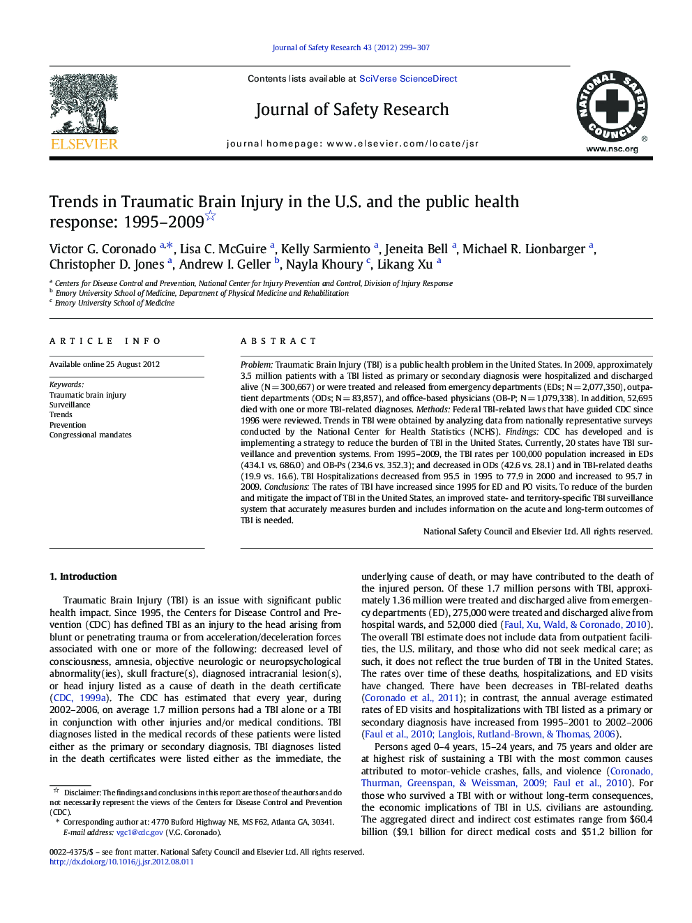 Trends in Traumatic Brain Injury in the U.S. and the public health response: 1995–2009 