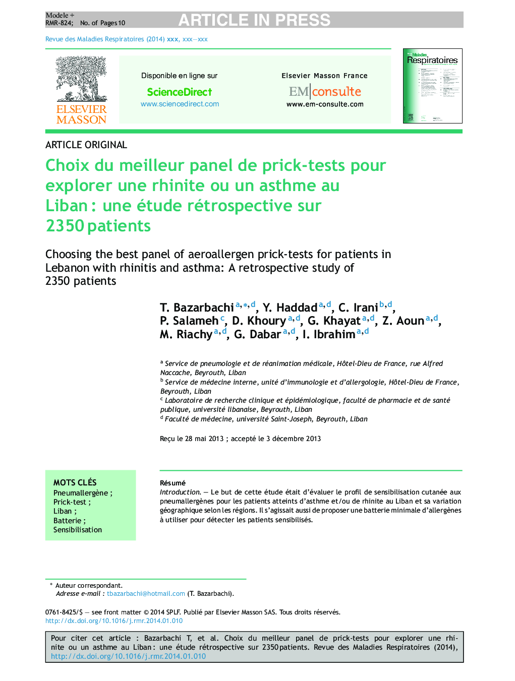 Choix du meilleur panel de prick-tests pour explorer une rhinite ou un asthme au LibanÂ : une étude rétrospective sur 2350Â patients