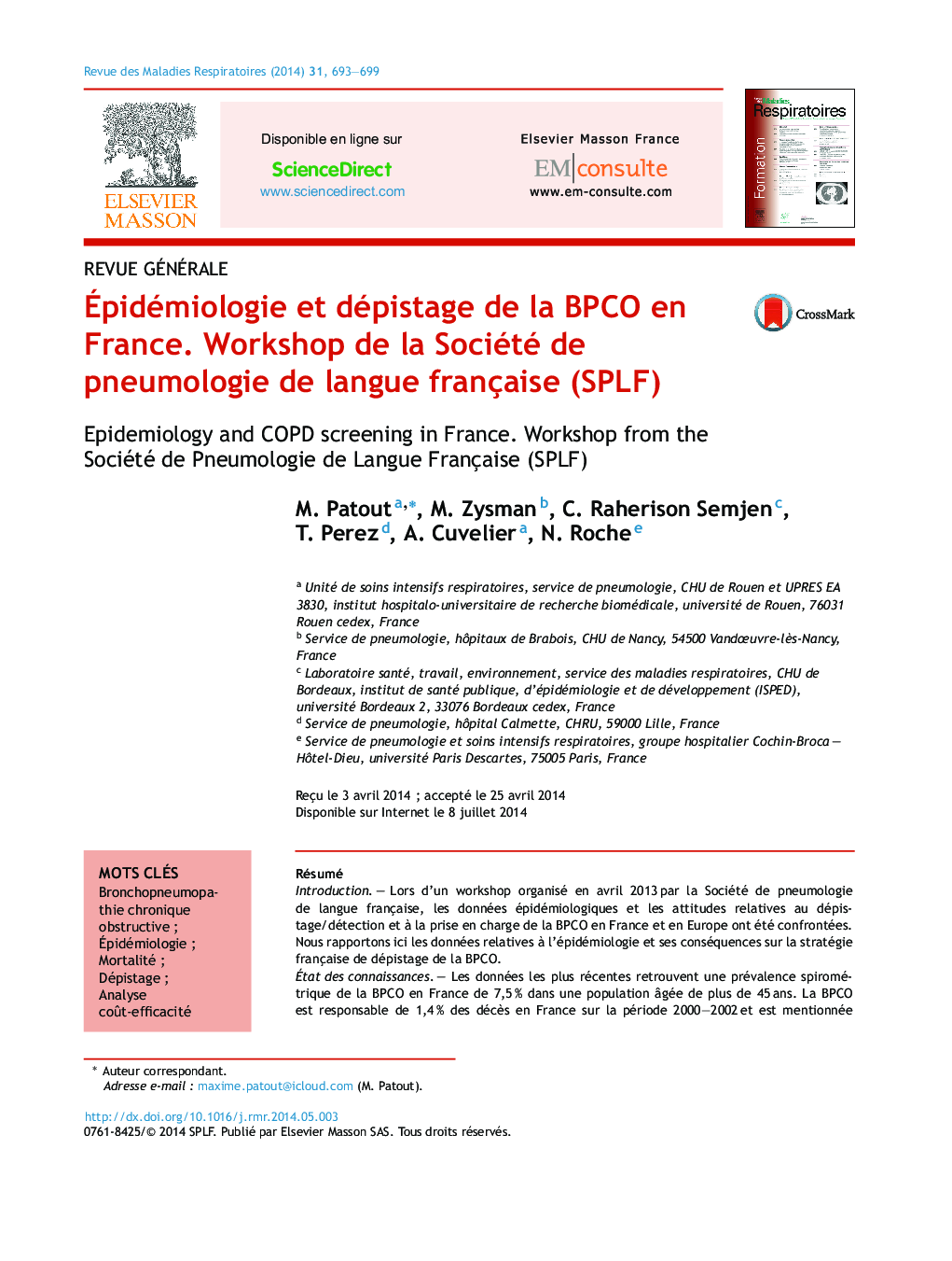 Ãpidémiologie et dépistage de la BPCO en France. Workshop de la Société de pneumologie de langue française (SPLF)