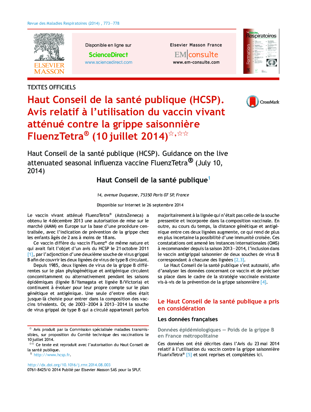عکس صفحه اول مقاله: Haut Conseil de la santé publique (HCSP). Avis relatif à l'utilisation du vaccin vivant atténué contre la grippe saisonnière FluenzTetra® (10 juillet 2014) Haut Conseil de la santé publique (HCSP). Avis relatif à l'utilisation du vaccin vivant atténué contre la grippe saisonnière FluenzTetra® (10 juillet 2014)
