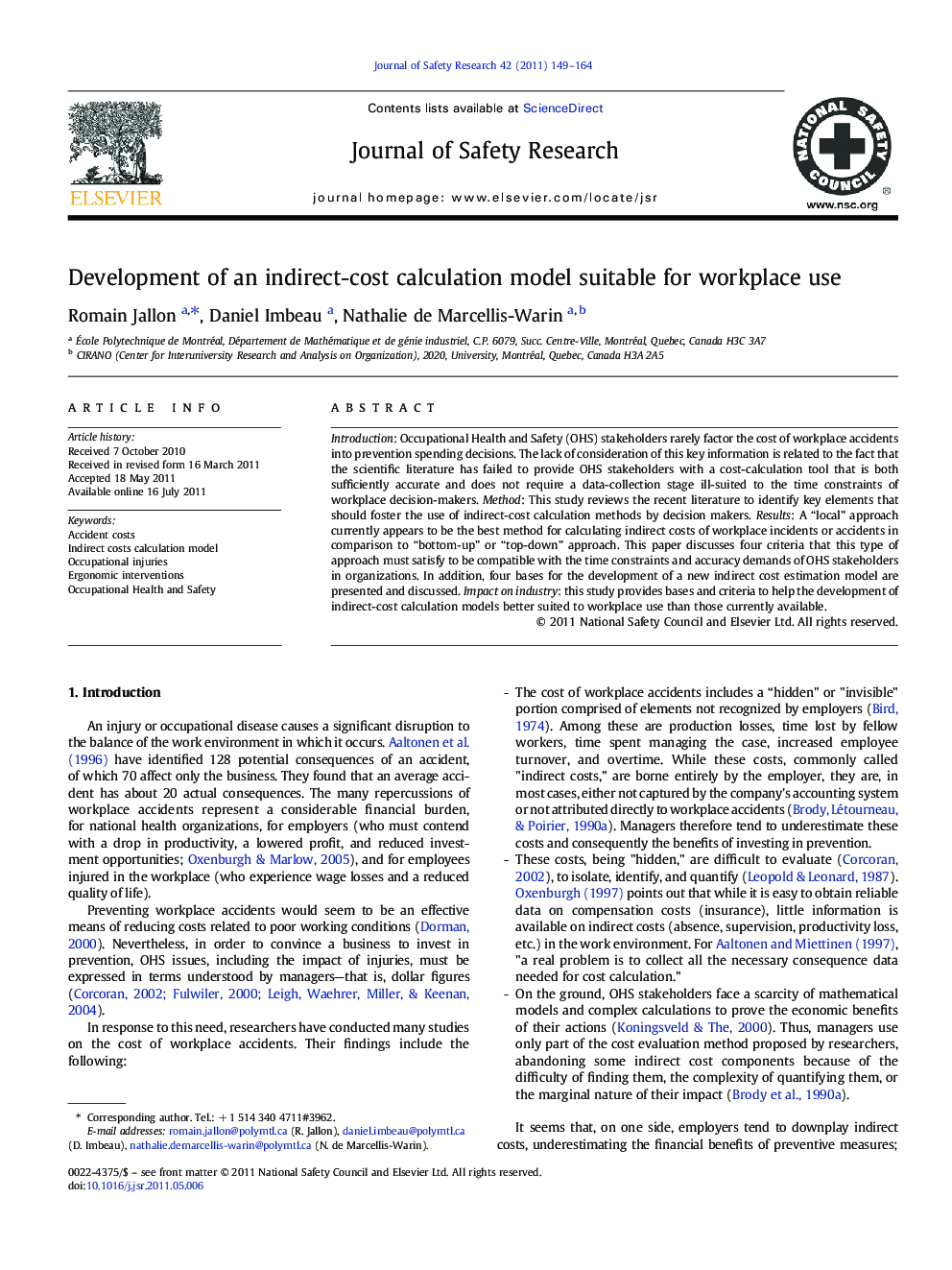 Development of an indirect-cost calculation model suitable for workplace use