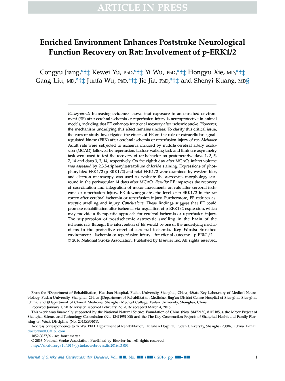 Enriched Environment Enhances Poststroke Neurological Function Recovery on Rat: Involvement of p-ERK1/2