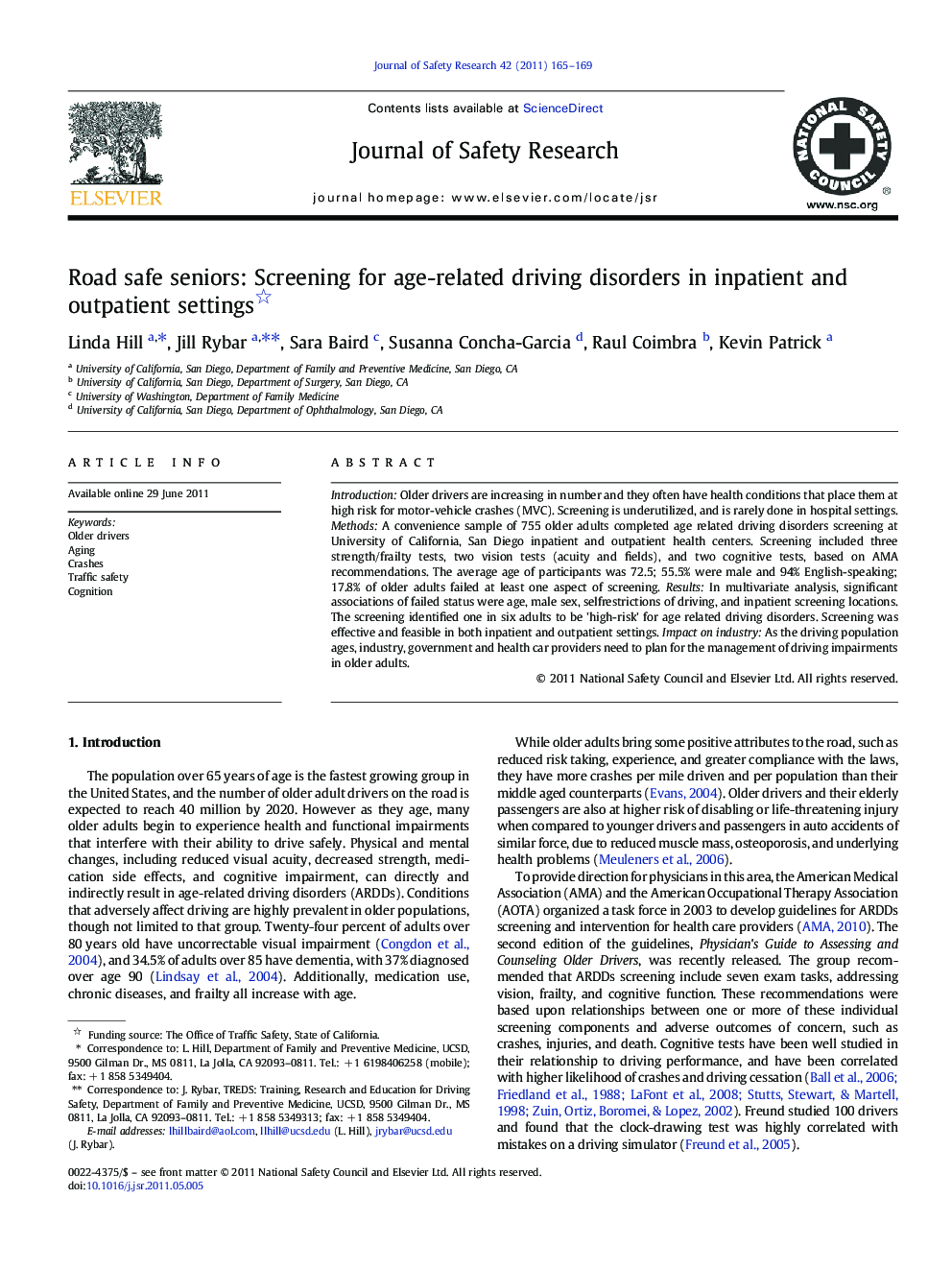 Road safe seniors: Screening for age-related driving disorders in inpatient and outpatient settings 