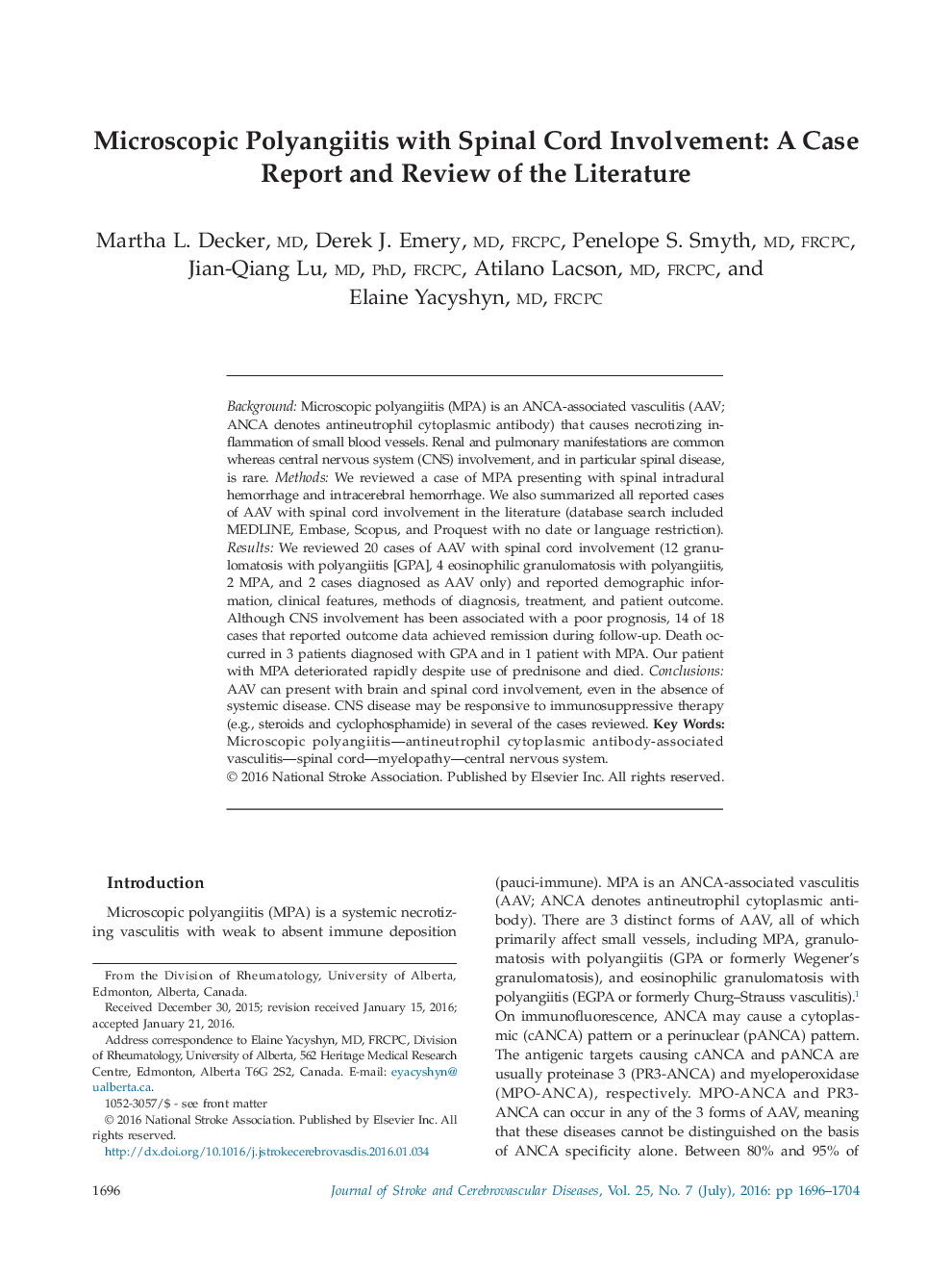 Microscopic Polyangiitis with Spinal Cord Involvement: A Case Report and Review of the Literature