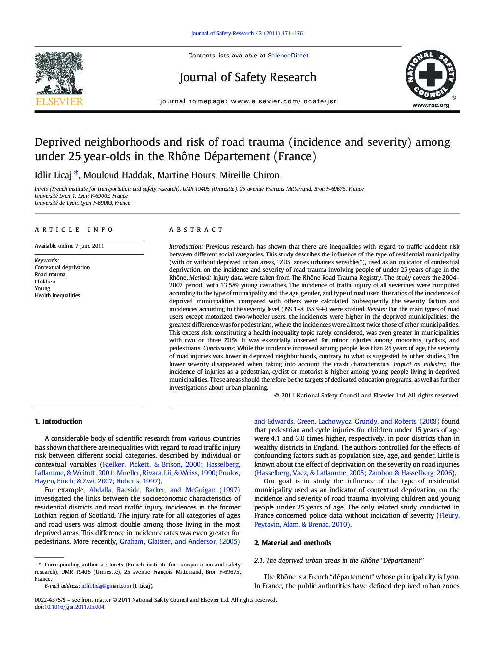 Deprived neighborhoods and risk of road trauma (incidence and severity) among under 25 year-olds in the Rhône Département (France)