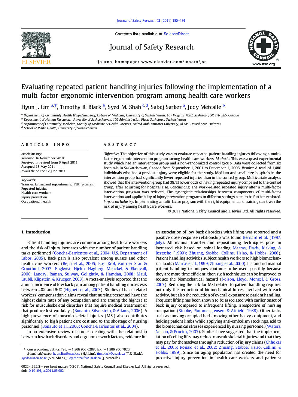 عکس صفحه اول مقاله: Evaluating repeated patient handling injuries following the implementation of a multi-factor ergonomic intervention program among health care workers Evaluating repeated patient handling injuries following the implementation of a multi-factor ergonomic intervention program among health care workers