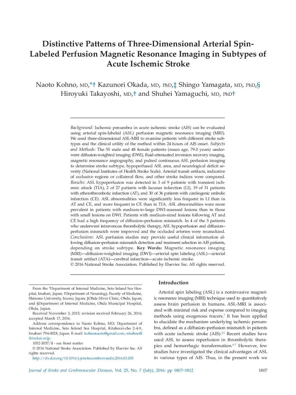 Distinctive Patterns of Three-Dimensional Arterial Spin-Labeled Perfusion Magnetic Resonance Imaging in Subtypes of Acute Ischemic Stroke