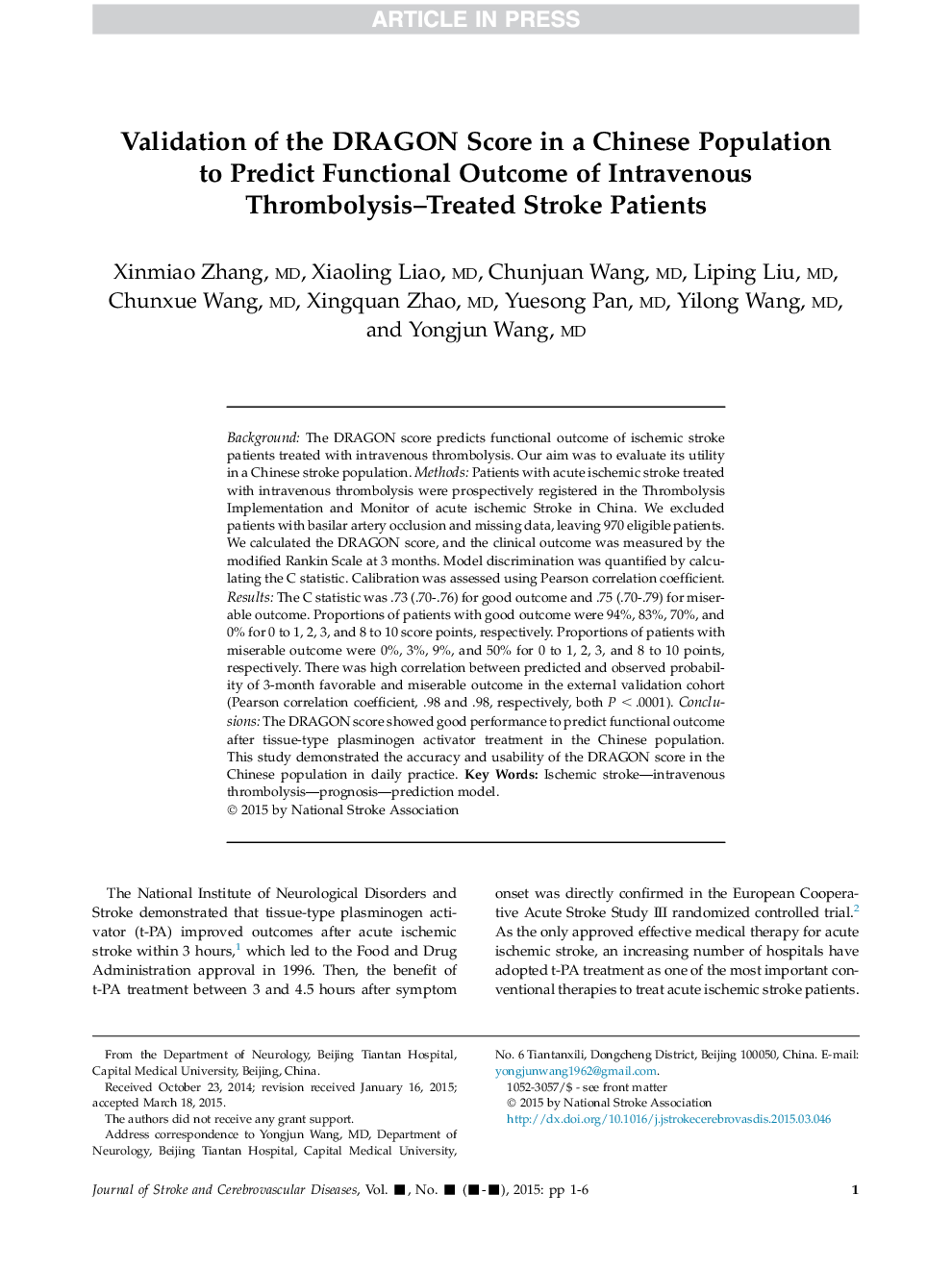 Validation of the DRAGON Score in a Chinese Population to Predict Functional Outcome of Intravenous Thrombolysis-Treated Stroke Patients