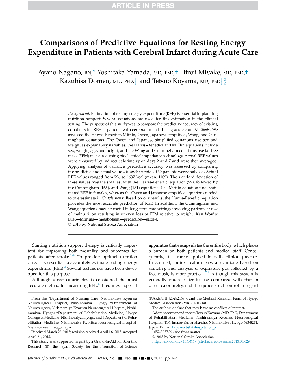 Comparisons of Predictive Equations for Resting Energy Expenditure in Patients with Cerebral Infarct during Acute Care