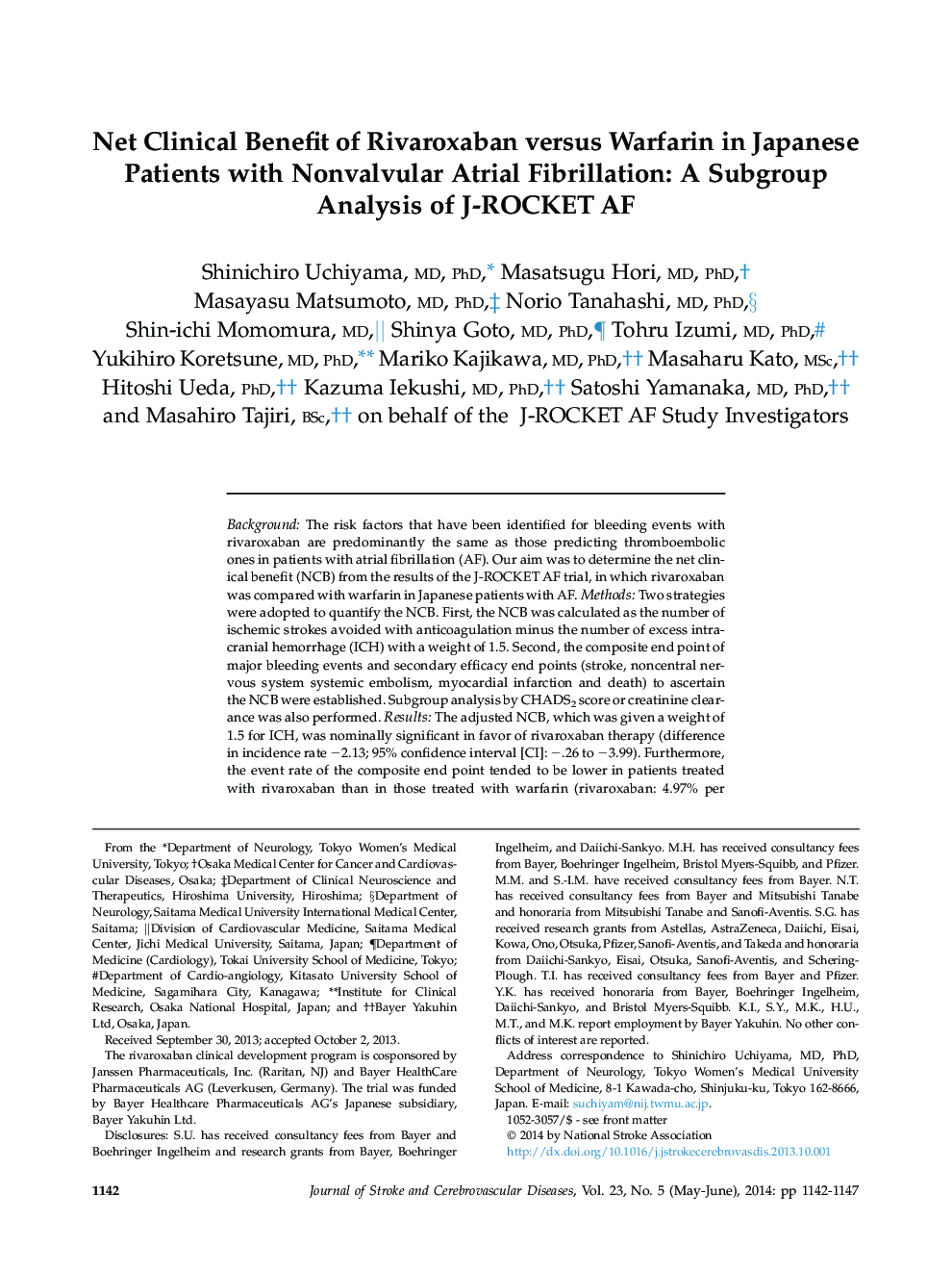 Net Clinical Benefit of Rivaroxaban versus Warfarin in Japanese Patients with Nonvalvular Atrial Fibrillation: A Subgroup Analysis of J-ROCKET AF