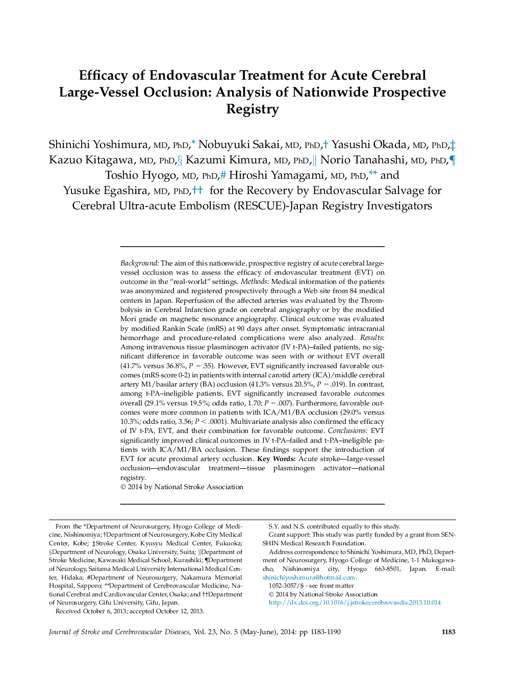 Original ArticleEfficacy of Endovascular Treatment for Acute Cerebral Large-Vessel Occlusion: Analysis of Nationwide Prospective Registry