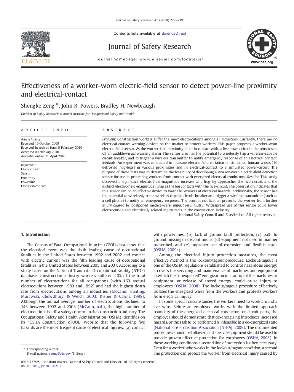 Effectiveness of a worker-worn electric-field sensor to detect power-line proximity and electrical-contact