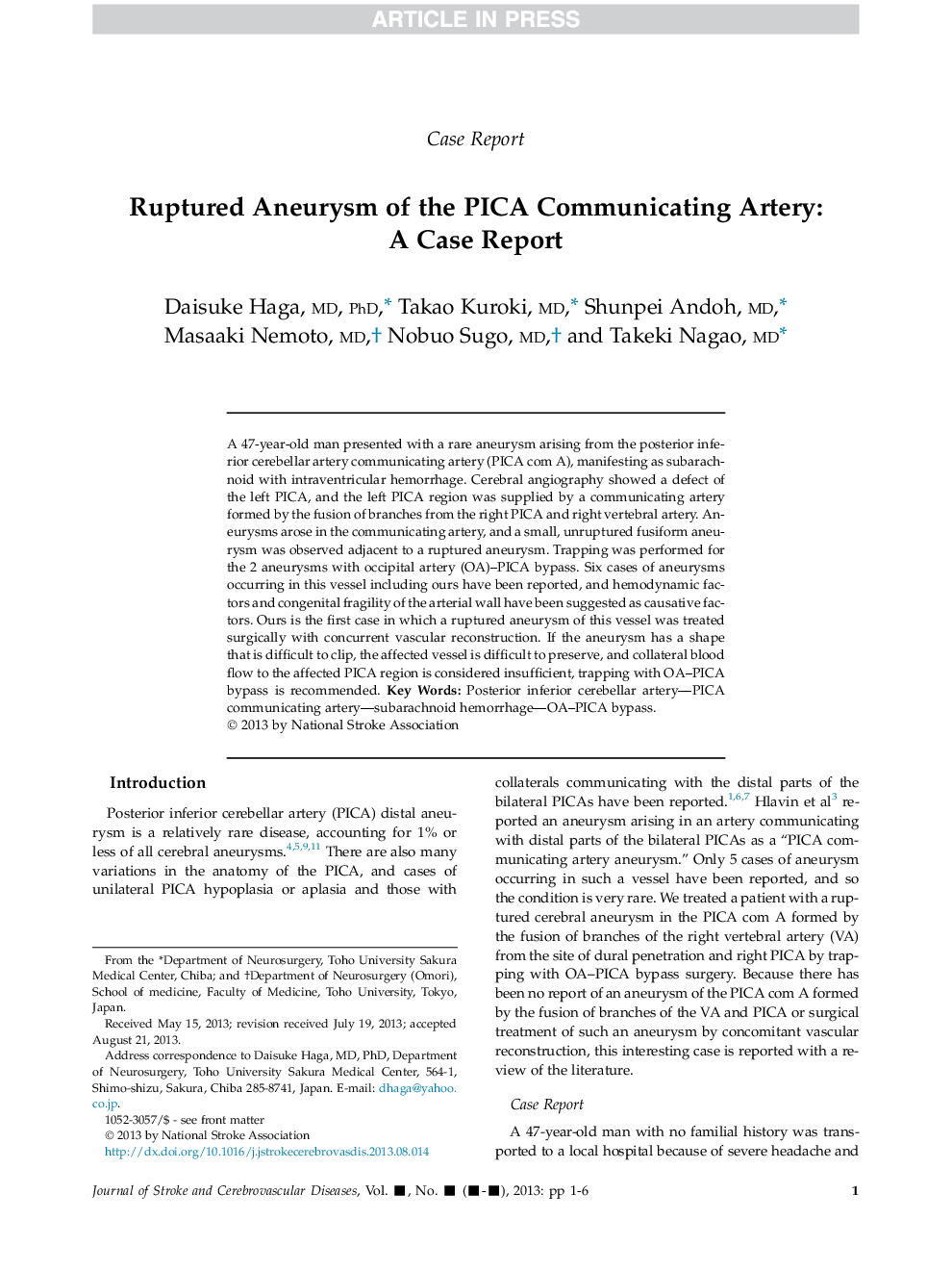 Ruptured Aneurysm of the PICA Communicating Artery: A Case Report