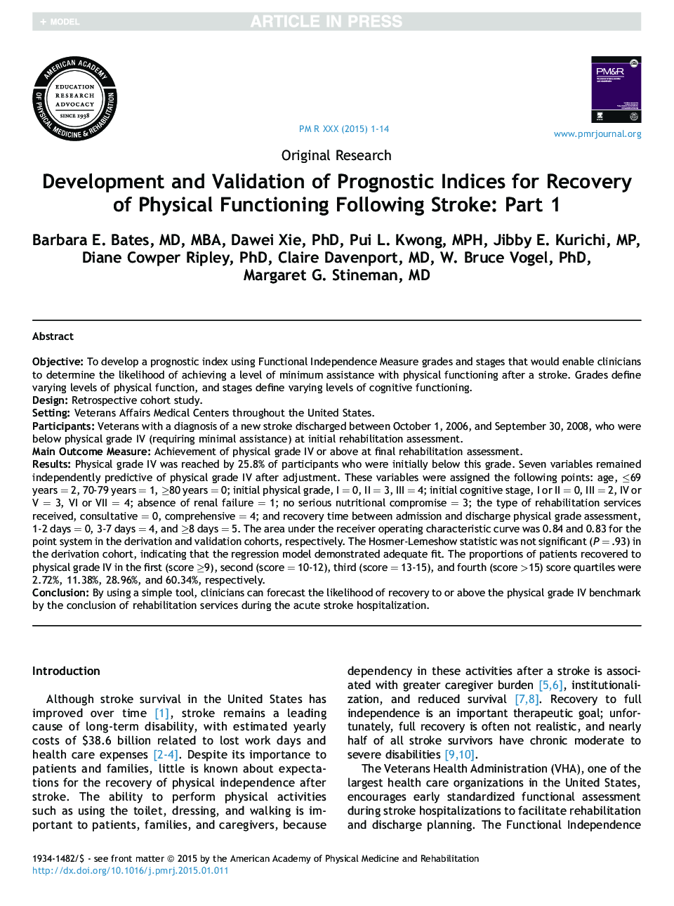 Development and Validation of Prognostic Indices for Recovery ofÂ Physical Functioning Following Stroke: Part 1