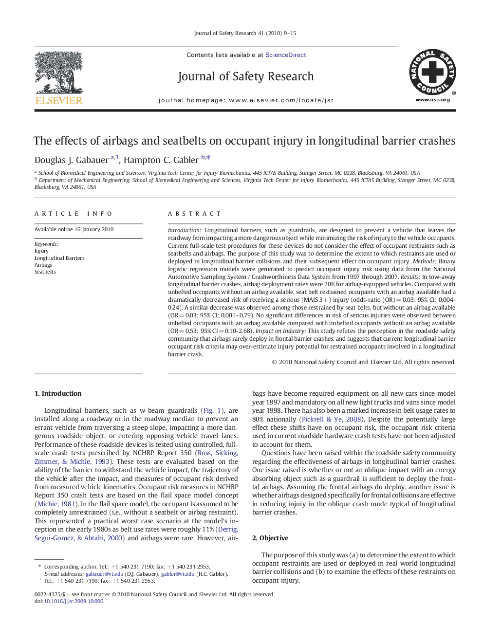 The effects of airbags and seatbelts on occupant injury in longitudinal barrier crashes